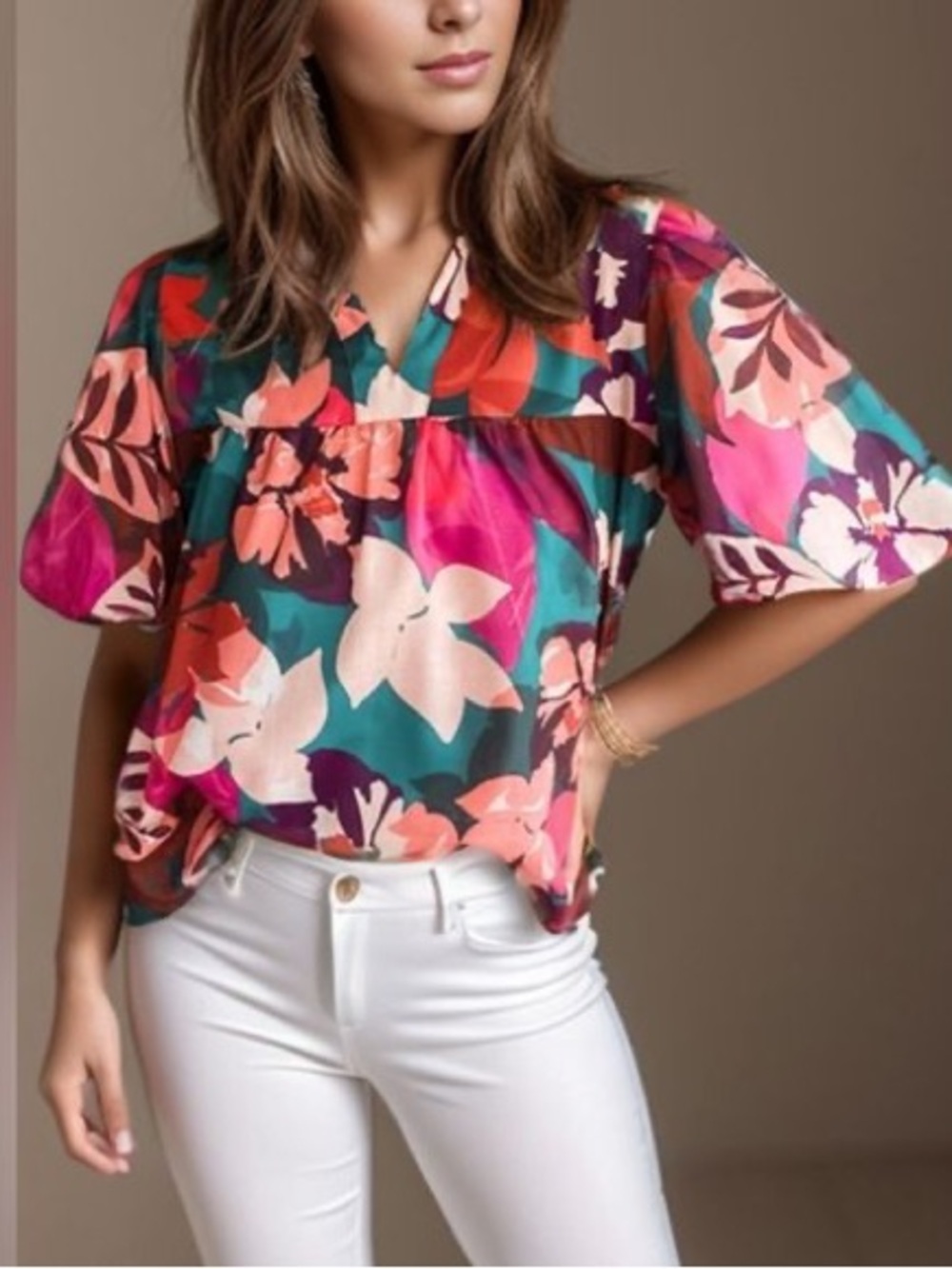 Floral V-Neck Bubble-Sleeve Blouse in Teal, Pink & Red